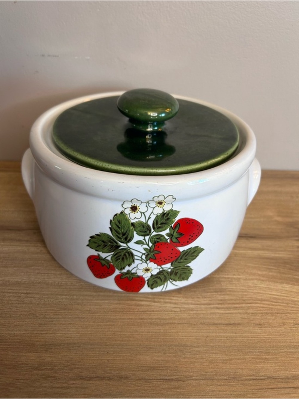 Vintage White Ceramic Strawberry Canister with Green Lid